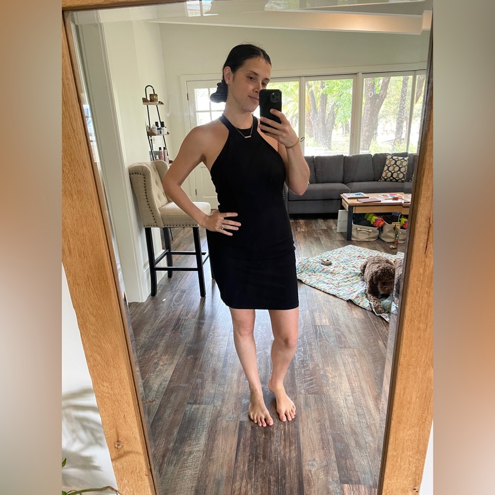 Super flattering high neck little black dress